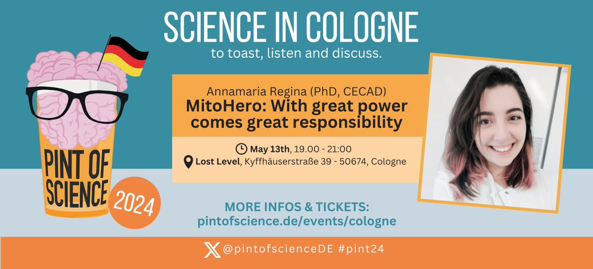 🍻🧠🤓 In #Cologne and loving science? Don't miss the #pint24de event on May 13! @AnnamariaRegin3, @CECAD_ PhD student, will take you on a fascinating journey in the world of #mitochondria, the cell's powerhouse! #MitoHero @pintofscienceDE 🎟️TICKETS Here! pintofscience.de/event/from-gen…