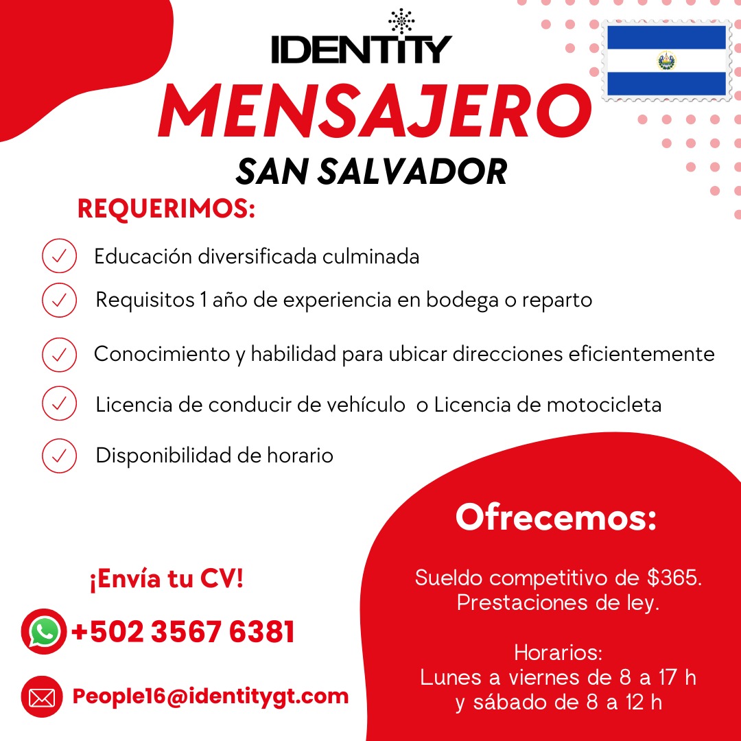 Se requiere #Mensajero en #SanSalvador  contacto al people16@identitygt.com #Hiring #empleo #traficosv