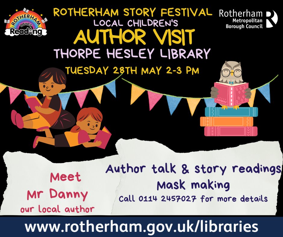 Join us at Thorpe Hesley Library & Neighbourhood Hub on Tuesday 28th May, 2-3pm, for a special appearance by local author Mr Danny. He will be on hand for a special talk, story readings and mask making. Contact the Library on 0114 2457027 for more details. #loveyourlibrary