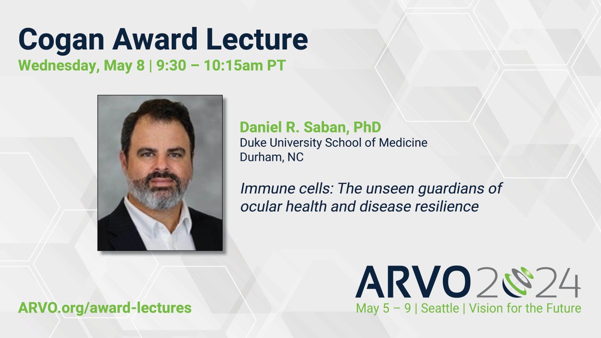 Join the #ARVO2024 Cogan Award Lecture on May 8 (Seattle, Wash.) with @SabanLab, PhD, FARVO (@dukeeyecenter) to dive into the fascinating world of Immune cells: The unseen guardians of #OcularHealth and disease resilience. Save the date! bit.ly/4dforDi @ARVOinfo