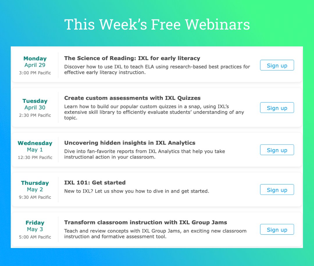 Want to learn about IXL Quizzes, Group Jams, and more? Attend our complimentary webinars this week: bit.ly/ixlwebinars