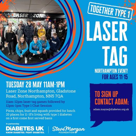 Diabetes UK Midlands & East of England (@diabetesukmidse) on Twitter photo Together Type 1 is coming to #Northampton for their 2nd Laser Tag event of the year, followed by a Type 1 Chat session
28 May 11am-1pm โ
Laser Zone, Northampton
Young people aged 11-15 living with type 1 diabetes:
Contact adam.mayze@diabetes.org.uk Together Type 1 is coming to #Northampton for their 2nd Laser Tag event of the year, followed by a Type 1 Chat session
28 May 11am-1pm โ
Laser Zone, Northampton
Young people aged 11-15 living with type 1 diabetes:
Contact adam.mayze@diabetes.org.uk