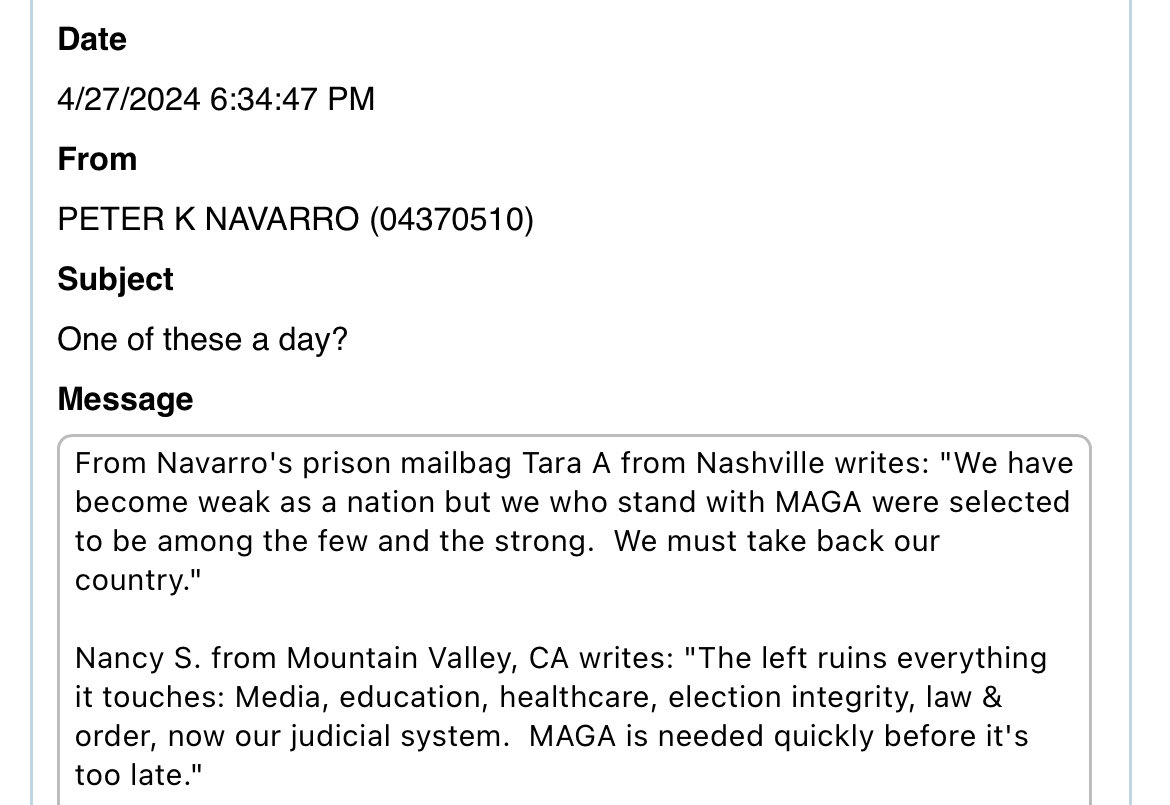 🚨Dr Peter Navarro Shares Powerful Letters from the WarRoom Posse from Prison, 4/27/24 🔽 From the Posse prison mailbag: