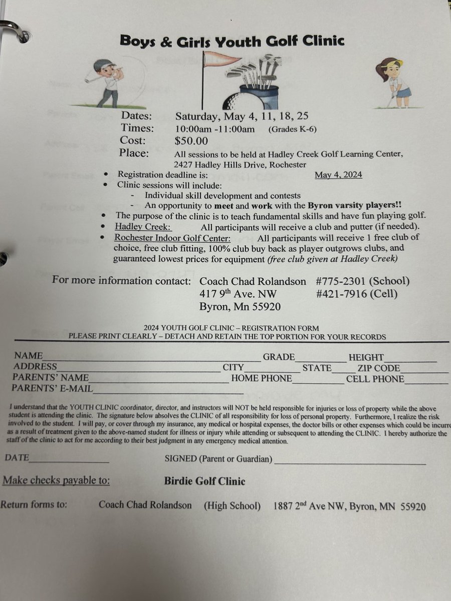 Girls and Boys grades k-6 youth golf clinic starts this Saturday, May 4. Sign up if interested!