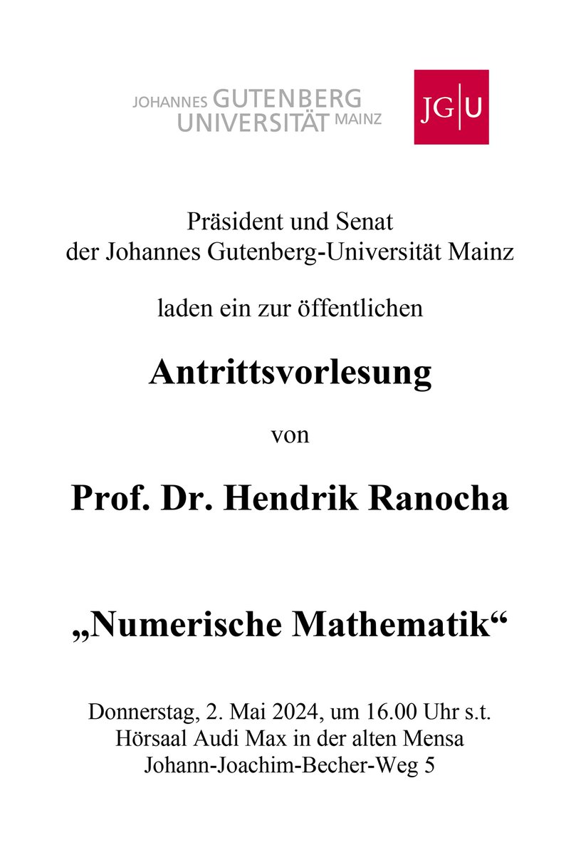 2.5.2024 - Antrittsvorlesung 'Numerische Mathematik' von Prof. Dr. Hendrik Ranocha an der #UniMainz / Mehr zur Forschung und Lehre von Prof. Ranocha unter 👉 ranocha.de