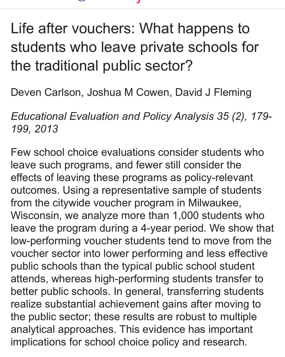 Years ago, working on a voucher evaluation led by pro-voucher scholars, a couple other then-junior analysts and I found a troubling pattern. At-risk kids left vouchers at very high rates. But they did better switching to public school. We published that separately in 2013👇