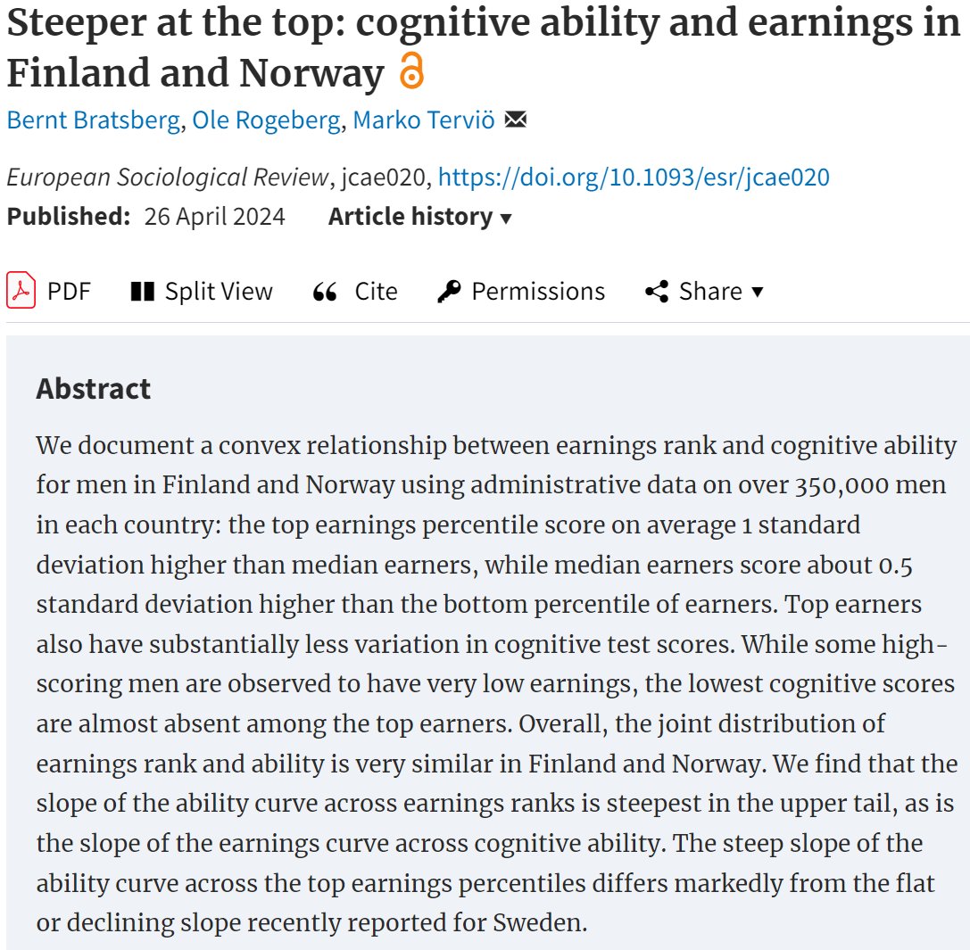 In a new article at @ESR_news with Bernt Bratsberg and @olerogeberg, we analyze the relation between labor income and cognitive ability using admin data from Finland and Norway. Main result is in the title. Open Access at OUP: doi.org/10.1093/esr/jc… 1/n