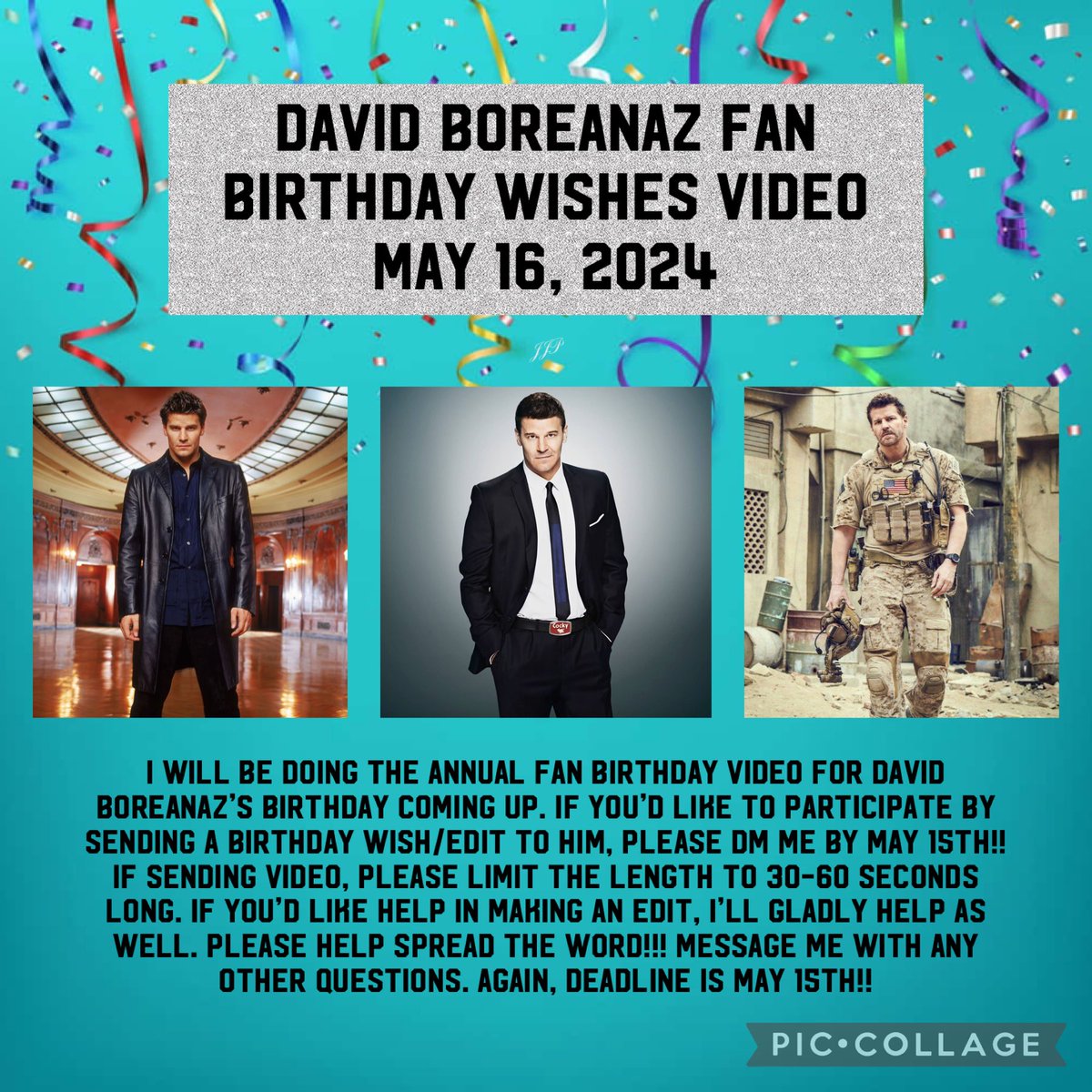 We’re coming up on #davidboreanaz ‘s birthday &amp; I will be doing the annual fan video!! Please message me your wishes &amp; see the details posted!! Deadline May 15th!! #BuffyTheVampireSlayer #angel #bones #SEALteam