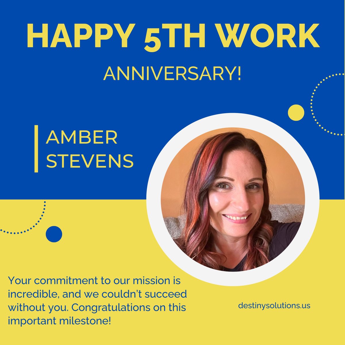 Huge shoutout to Amber on her 5-year work anniversary! 🎉🎊 
 
Amber, your commitment shines through in everything you do. We're so grateful to have you on the team. Cheers to 5 fantastic years!

#DestinySolutions #OneStopTelecomShop #workanniversary #employeeappreciation