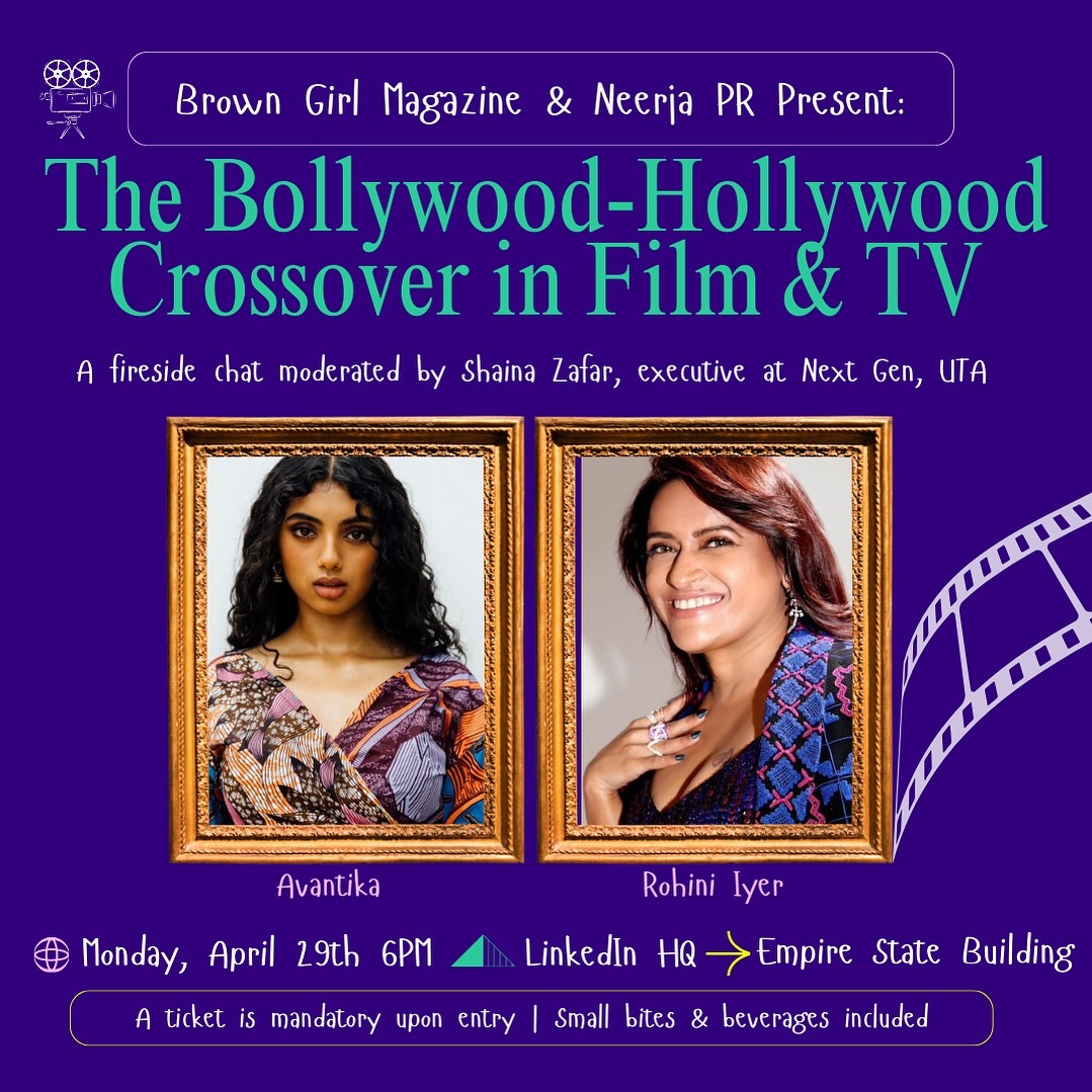 Prepare for a thought-provoking fireside chat on The Bollywood-Hollywood Crossover in Film & TV with my superstar friend @rohiniyer representing Bollywood stardom and American star @thisisavantika repping Hollywood Glamour and Glitterati! 🎬 

#Bollywood #Hollywood #CrossCulture