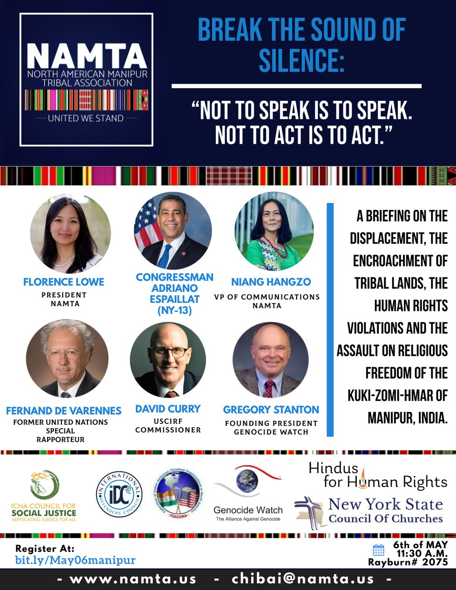 Monday 6 May an important hearing for members of Congress & others on the (mis)treatment of the Kuki-Zomi-Hmar peoples in Manipur, India in Washington, DC. The denial of their rights because they do not belong to the Hindu majority is a grave threat to democracy.