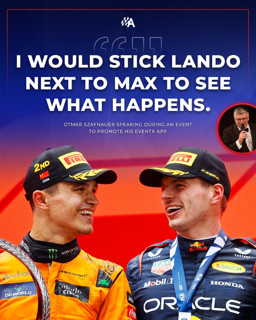 Lando Norris and Max Verstappen as team-mates? 👀 Former Alpine and Aston Martin #F1 team boss Otmar Szafnauer would recruit Norris alongside Verstappen at Red Bull 'to see what happens,' he revealed during an event to promote his EventR app.