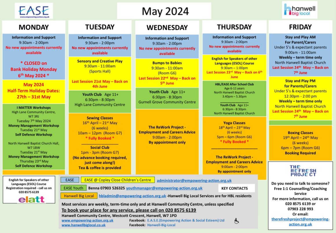 The May schedule for @easecharity at Copley Close Children’s Centre and Hanwell Big Local is available now👇