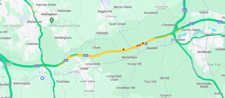BBCSxSyTravel's tweet image. #M25: One lane closed for emergency repairs both ways between J5 #M26 and Clacket Lane Services