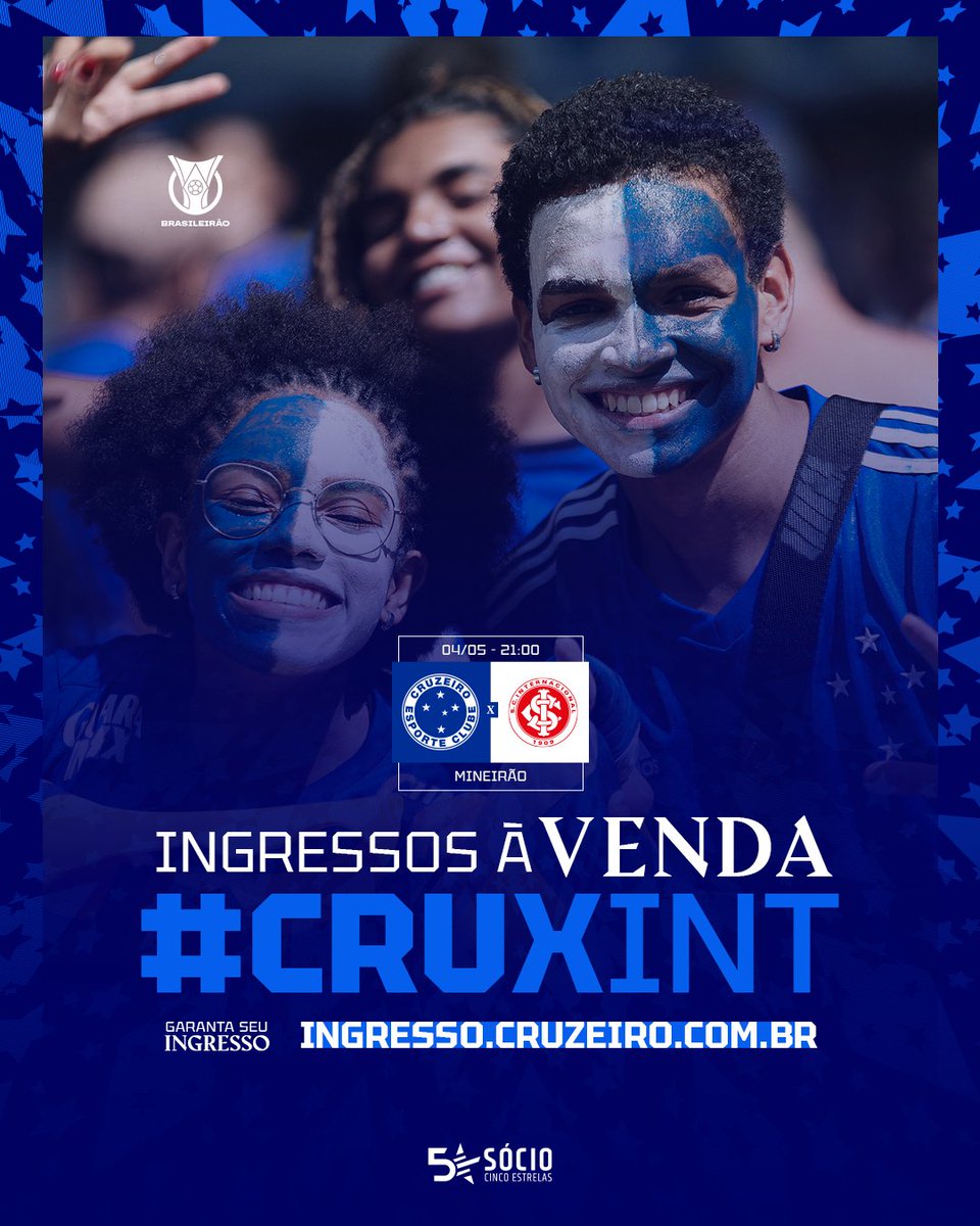 🎫Vendas abertas para Cruzeiro e Internacional, no Mineirão! Quem é Sócio 5 Estrelas tem prioridade e desconto na compra. Saiba todas as informações: cruzeiro.com.br/noticias/venda… Garanta o seu lugar: ingresso.cruzeiro.com.br e App Nação Azul #CRUxINT #SouCruzeiroTradição