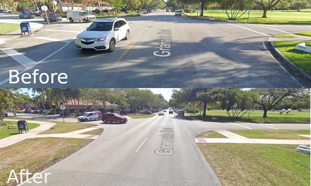 I did before/afters of some completed projects I helped design: -US 40 Shared Use Path - Baltimore -Knox St - Dallas -Henderson Ave - Dallas -Granada Blvd - Coral Gables Many involved converting car space to pedestrian space. Moving curbs inward shouldn't be underestimated.