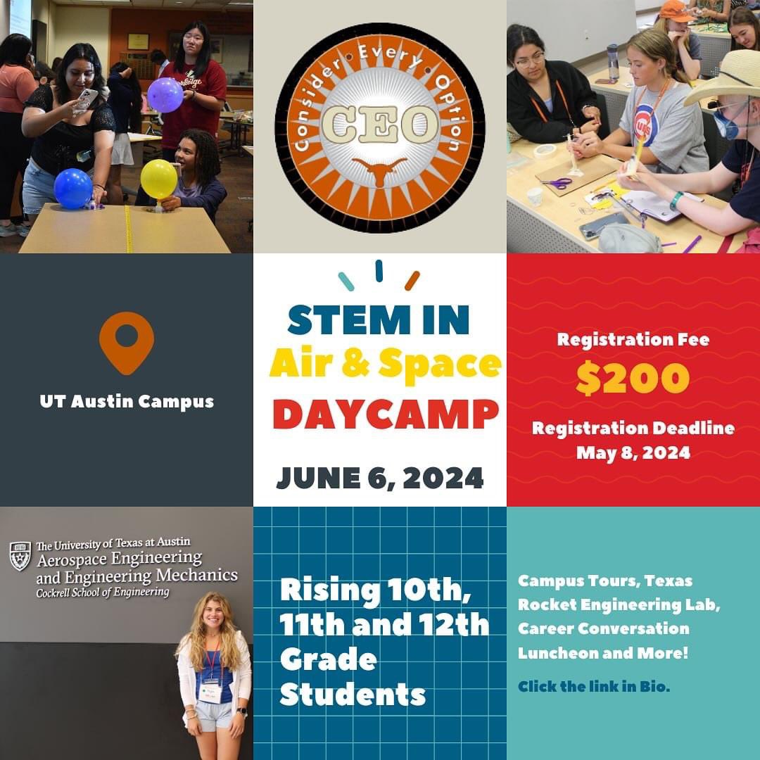 Join the <a href="/UTWiSTEM/">Women in STEM (WiSTEM) at UT Austin</a> at the STEM in Air &amp; Space camp! Checkout their information below…
Come be a part of our High School “STEM in Air &amp; Space” summer camp!

🏫 Join us for exclusive campus tours

🚀Engage in hands-on activities &amp; role-model panels

🍽️ 💬Participate in