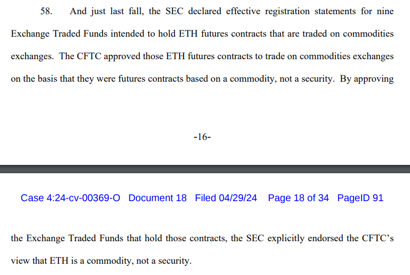 In the Consensys lawsuit against the SEC they raise the point 'by approving the (futures) ETF the SEC endorsed the CFTC's view that $ETH is a commodity, not a security'