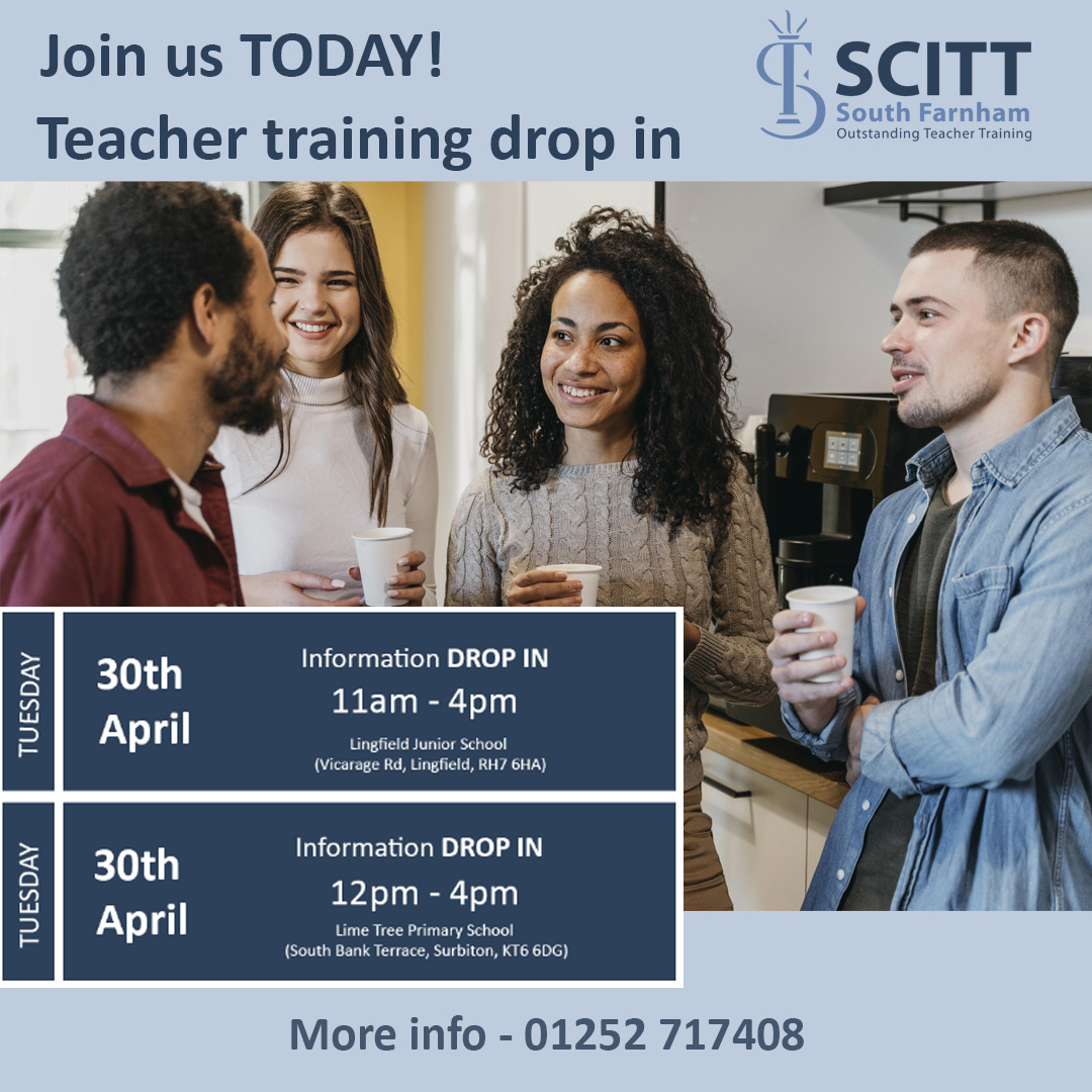 Join us TODAY!
We have not one but two drop-in sessions taking place today.
This is the perfect opportunity to learn more, including apprenticeship and part-time options. 
Call us on 01252 717408 or visit ssfscitt.org.uk.
 
 #GetintoTeaching #Teachers #surrey #hampshire