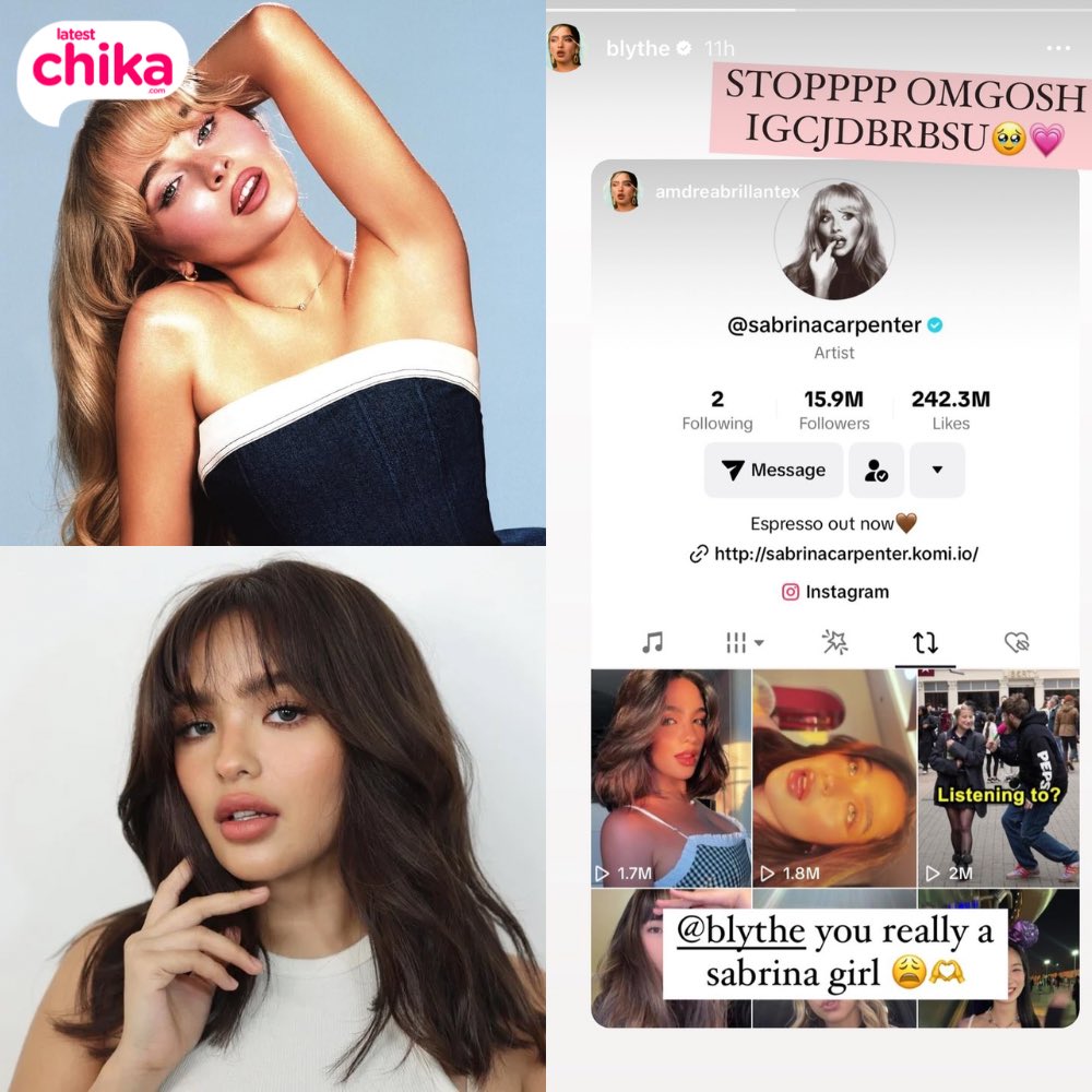 Is it that sweet? I guess so 🤭 #AndreaBrillantes is in fangirl mode again after #SabrinaCarpenter reposted two of actress’ TikTok content on the American singer-songwriter new song “Espresso”. 📸blythe/Instagram