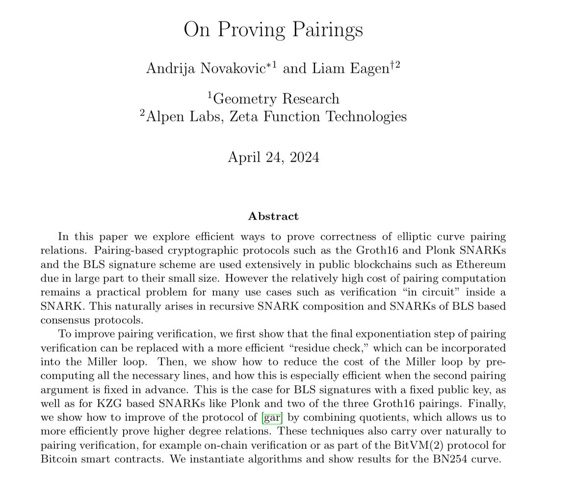 Pairing verification…simplified.

Wave goodbye to the final exponentiation 👋

Congrats @AndrijaNovakov6 @liameagen on the new paper! eprint.iacr.org/2024/640.pdf

Very relevant to some upcoming work at @AlpenLabs.