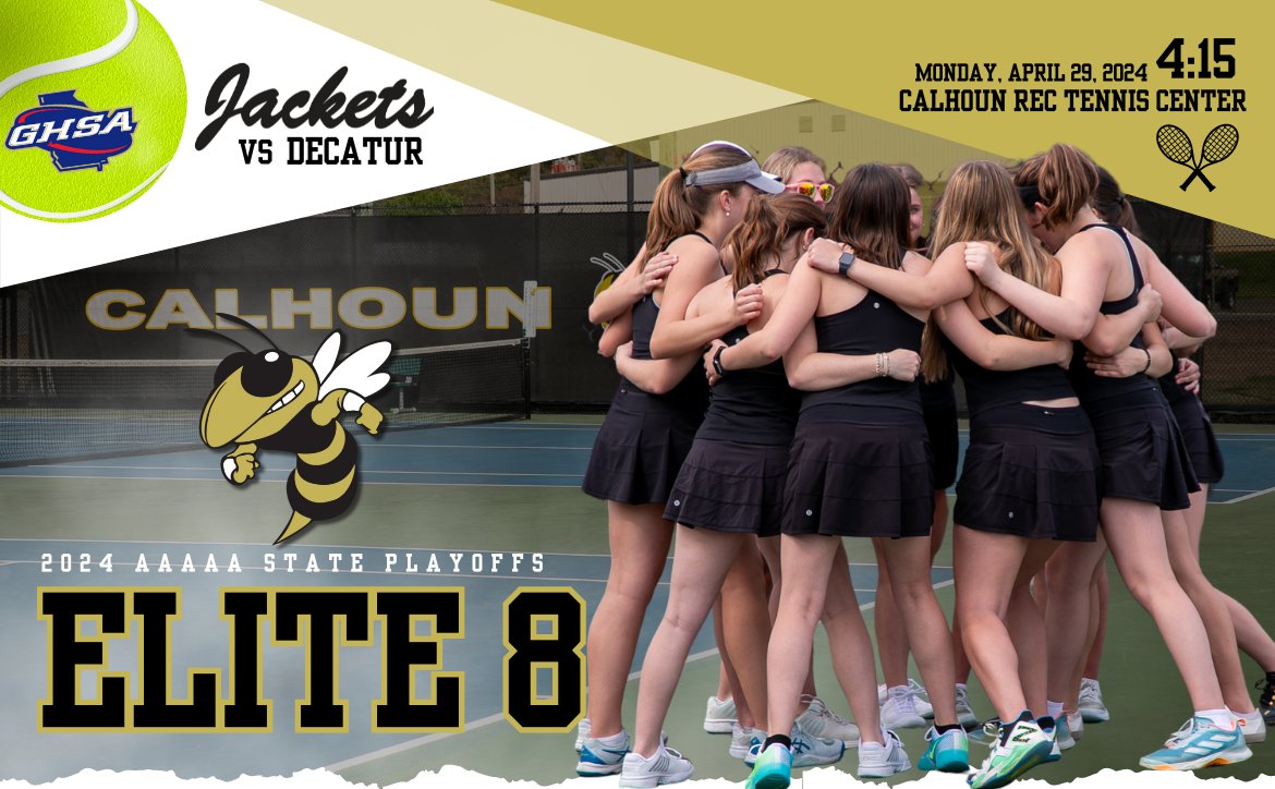 ELITE 8 MATCH DAY 🐝🎾 Join us at the Calhoun Rec Tennis Center to cheer on our Lady Jackets in State Playoffs as we host Decatur today at 4:15 PM! #GoJackets