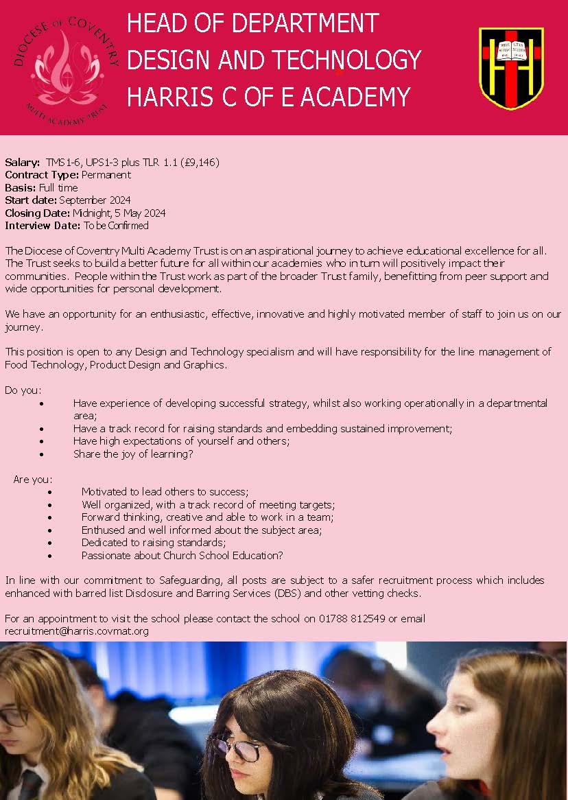 We are recruiting a Head of Design & Technology here at @HarrisCEAcademy Would you like to join our team? Please see the advert attached for more information. #jobopportunity #designandtechnology #DT #teaching #recruitment