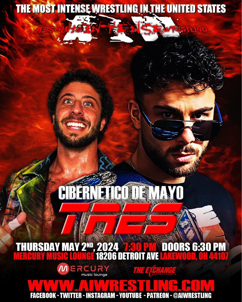 Grab your tickets for this Thursday! @aiwrestling is back in Lakewood for Ciberntico De Mayo Tres! Team Taylor vs Team Barkley, and much more! $20 tickets available below! 🎫: eventbrite.com/e/absolute-int…