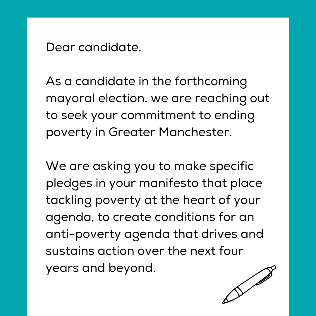 ✍️ Ahead of this Thursday's Greater Manchester mayoral election, we've written to all candidates to seek their commitment to ending poverty in our city-region. 👉 You can read our full letter at: gmpovertyaction.org/letter-to-mayo…