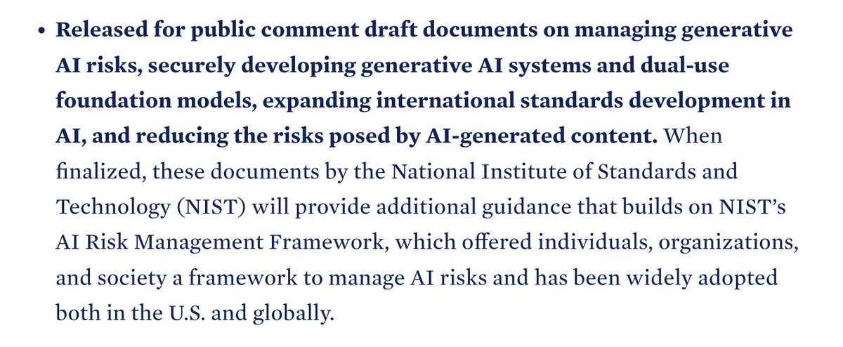 New: The White House says agencies have met all the 180-day deadlines in Biden's AI EO, including several key safety and security projects like issuing guidelines for AI use in critical infrastructure. whitehouse.gov/briefing-room/…