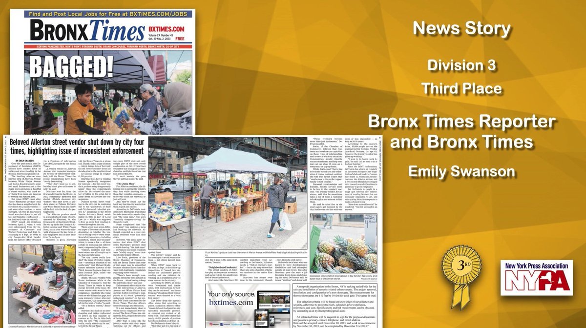 My first story on the Allerton street vendors won a 3rd place NYPA award in the News category! bxtimes.com/allerton-avenu… The Bx Times took five total awards: 2nd AND 3rd in the News category, plus 1st for Features and Column and 3rd for Arts.🙌