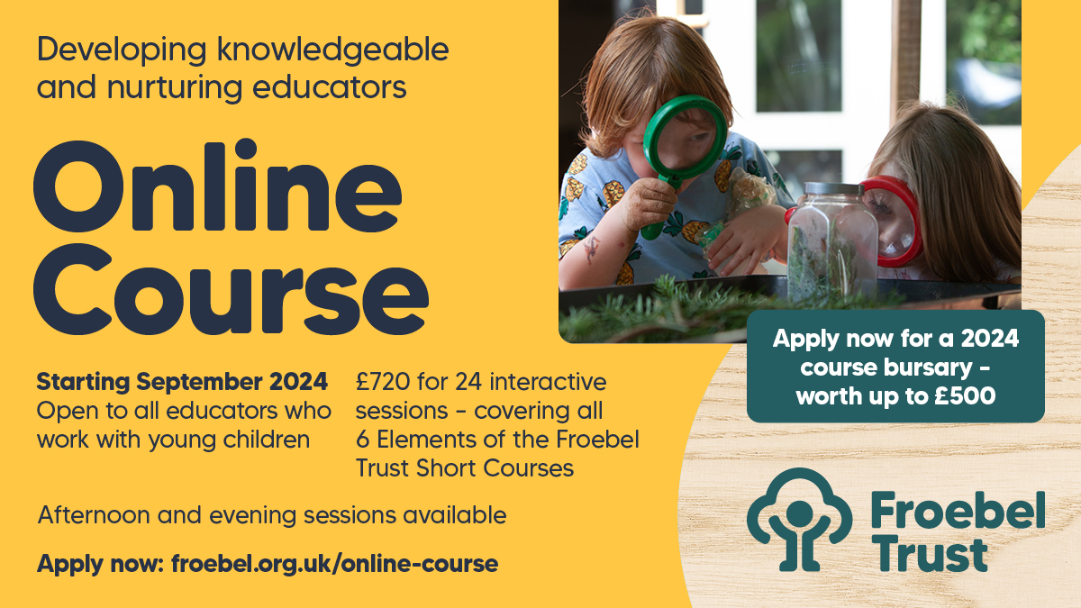 Places are going fast for the Froebel Trust Online Course starting in September. Our courses are for anyone working with young children who wants to develop their practice further. Find out more & book your place: froebel.org.uk/training-and-r… #earlyyears #Froebel #earlyeducation