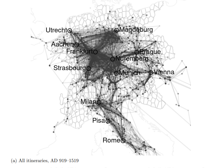A map of the itineraries of the 'Holy Roman Emperors', from a political-science style paper on medieval itinerancy.