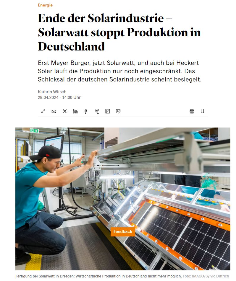 Vielen lieben Dank an die FDP, allen voran Christian Lindner! Ihr habt erfolgreich die deutsche Solarindustrie ruiniert. Und das bereits zum zweiten Mal. Es ist so erbärmlich und einfach kackendreist. Nach Meyer Burger stellt nun Solarwatt die deutsche Modulproduktion ein.