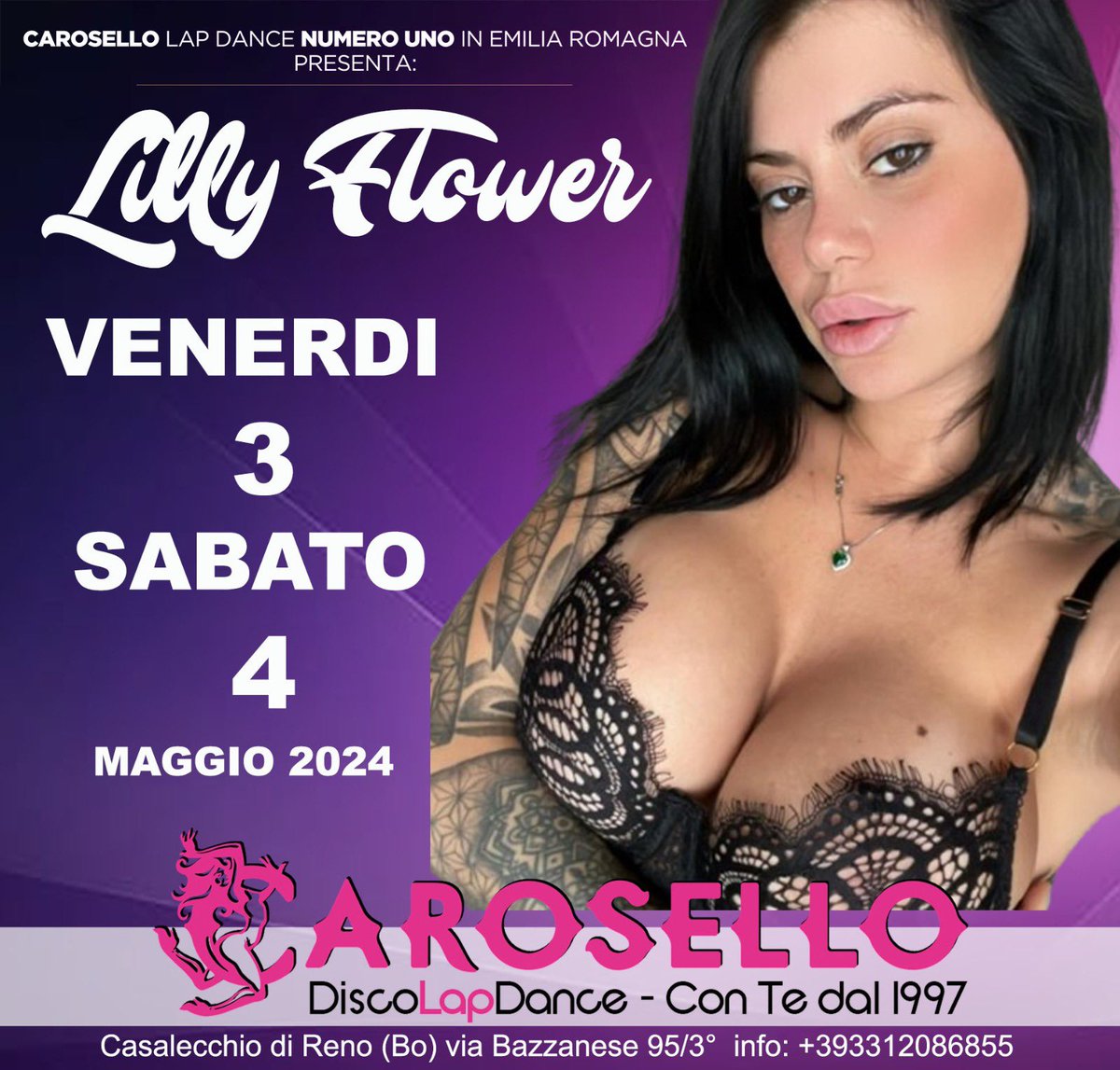 Venerdì 3 Sabato 4 Maggio 2024 CaroselloDiscoLapDance questo Weekend 4 Special Guests Nataly Beauty Jennyfer Stone Jessica Blaund Lilly Flower vieni a conoscerle e a vedere i loro Spettacoli insieme alle Bellissime Ragazze Carosello info: +393312086855 Non fartelo Raccontare !!