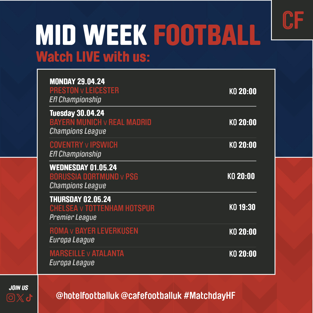 The pressure is on this week as we head into the Champions League semi finals👀🏆 But who will come out on top? Catch all the action in Cafe Football to find out⚽ #cafefootball #football #live #watch #bookatable #sportsbar #bar #hotelfootball #oldtrafford #manchester #uk