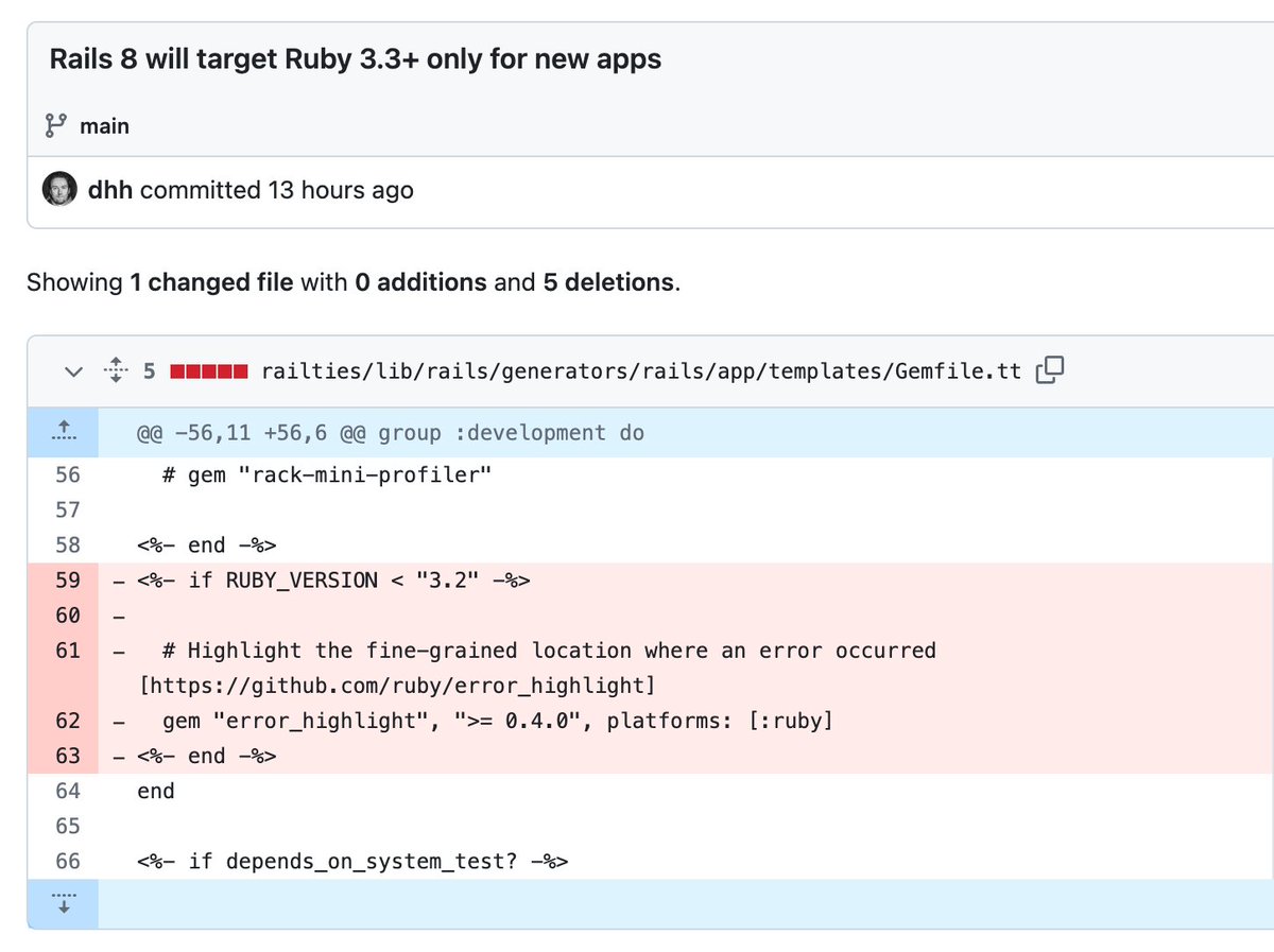 Rails 8 is going to use Ruby 3.3+ for new apps! Since this was merged into main, I assume this also means we're skipping Rails 7.2? 🤔