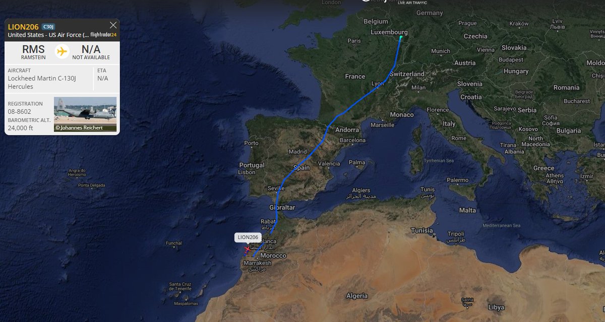 Another arrival from 🇩🇪#Ramstein AB,🇺🇸C-130J reg.08-8602 c/s #LION206 to 🇲🇦#Agadir Inezgane.
#Africanlion #AL24
@bob_boobs