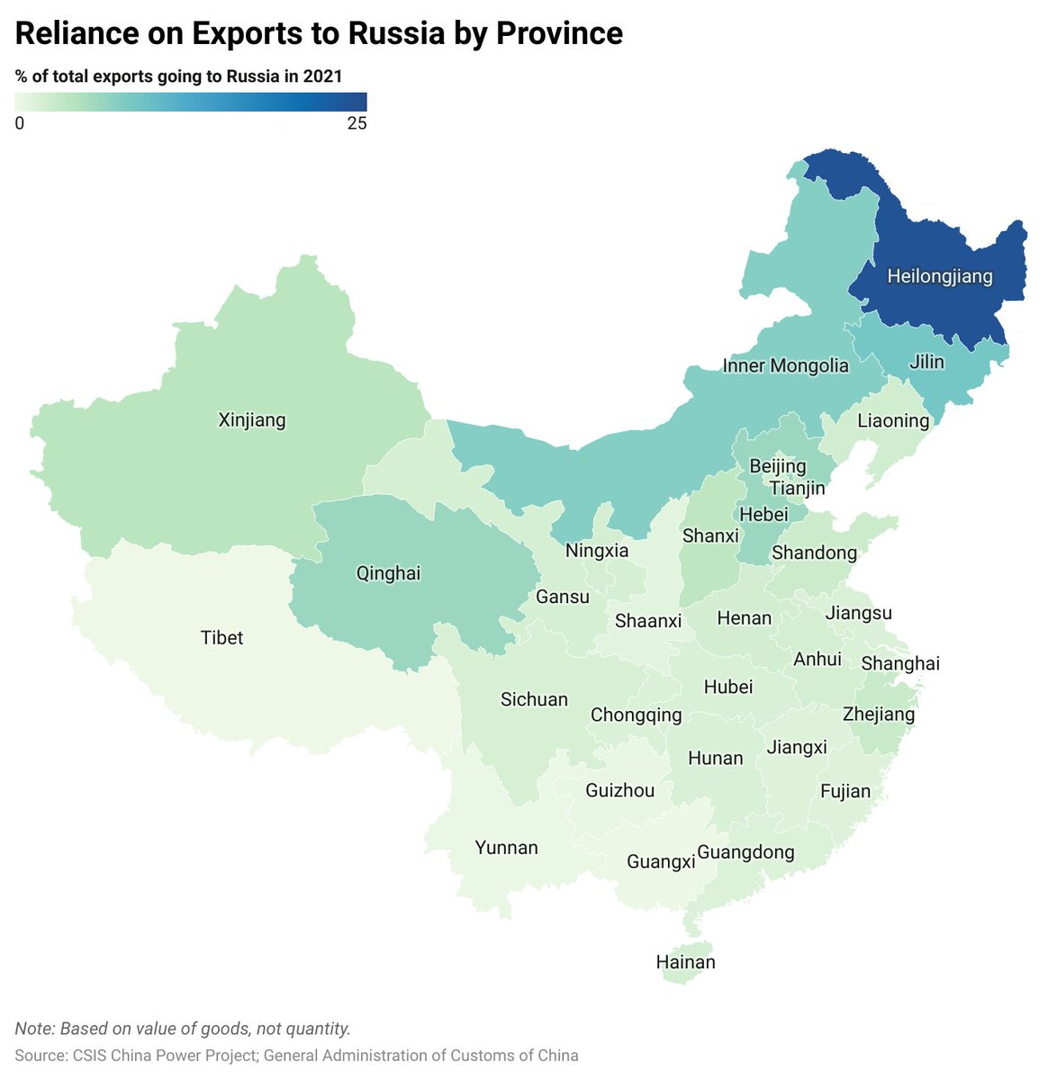 In 2021, Russia was the destination for 24% of exports and the source of 78% of imports for China’s northeastern Heilongjiang province. Our feature examines the various ways that China benefits from close ties with Russia: bit.ly/CP_china-russi…