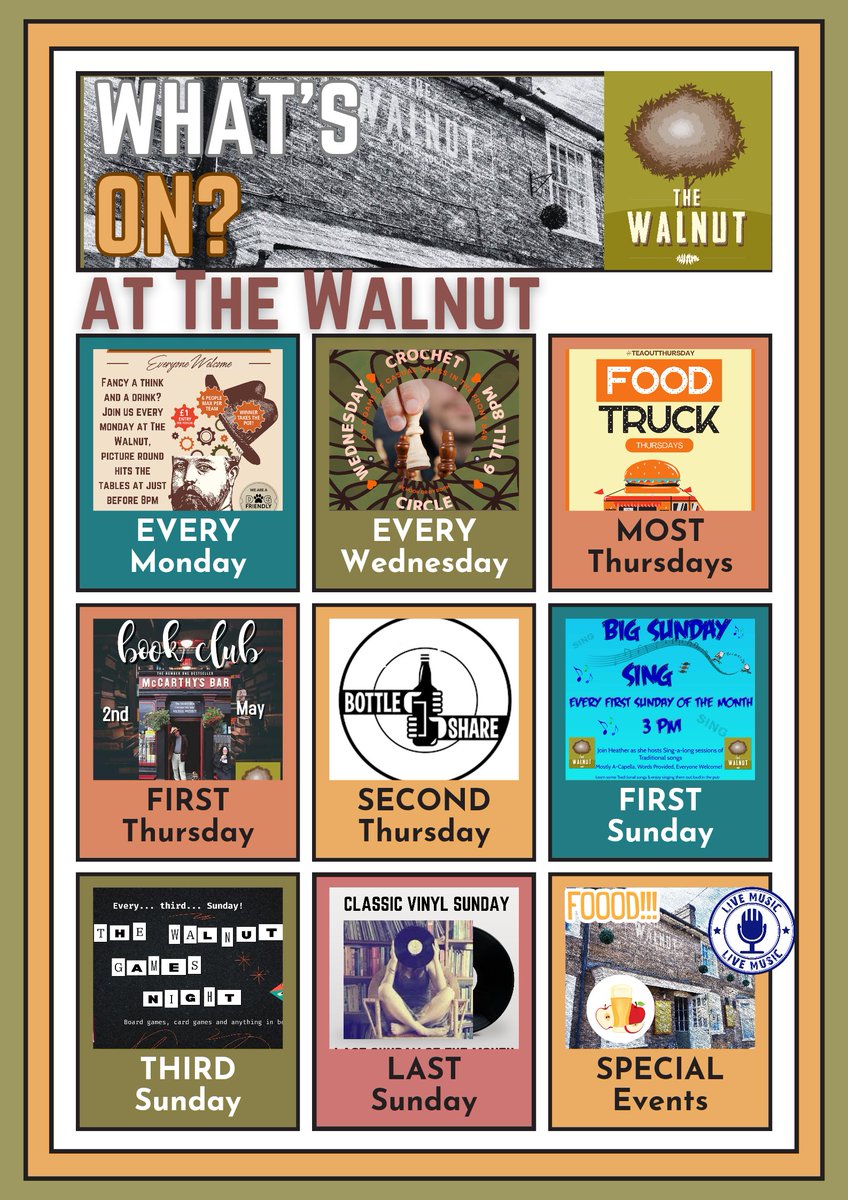 It's nearly May! Keep your eyes peeled for our bank holiday special events but don't forget our regular ones!
Starting with #quiznight tonight from 8pm (bring your £1 entry fee & teams of 6 max. please). 
It's great weather for a #walktothewalnut today & we're open from 4pm. 😄