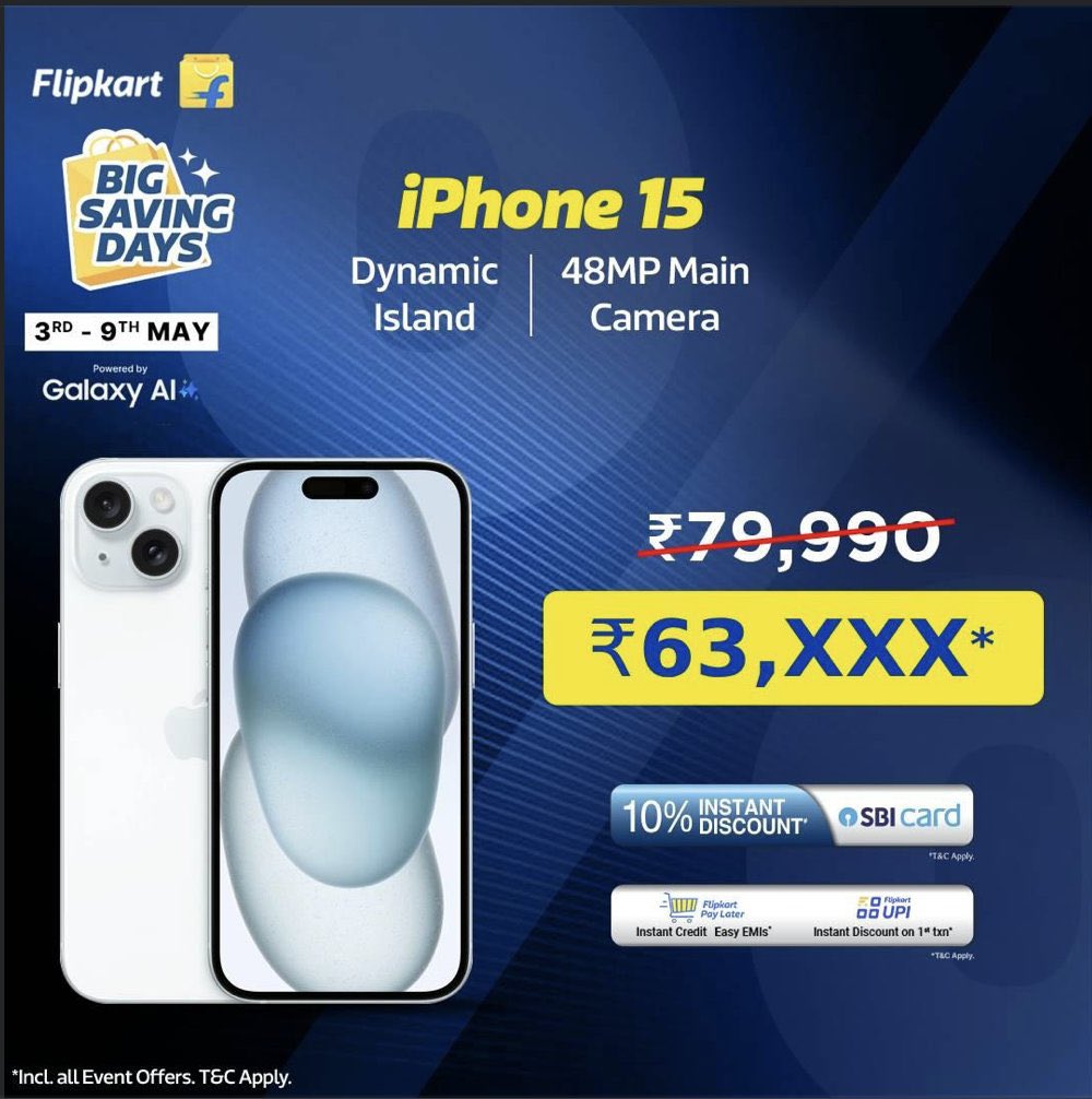 Flipkart Big Saving Days sale powered by Galaxy AI and offer on Apple iPhone 15 👏🏻😜 #TeamBehal family can you guess the price in the comment section 🤔