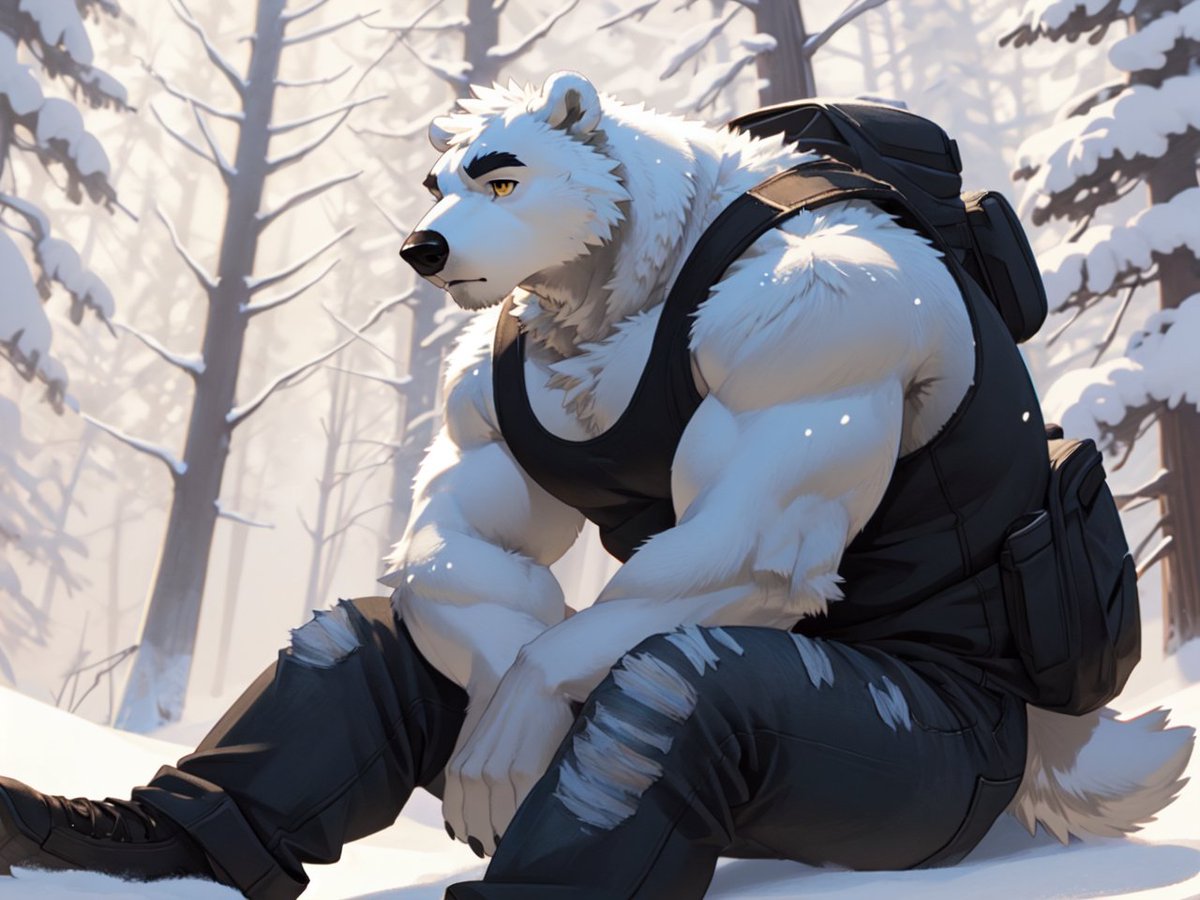 anthro male polar bear, solo, adolescent, long shot, fullbody, sitting,
yellow eyes, thick black eyebrow, sloppy face, covered abdomen,
grey tank top, torn jeans,
coniferous forest in snow

model: indigoFurryMix_v115Anime