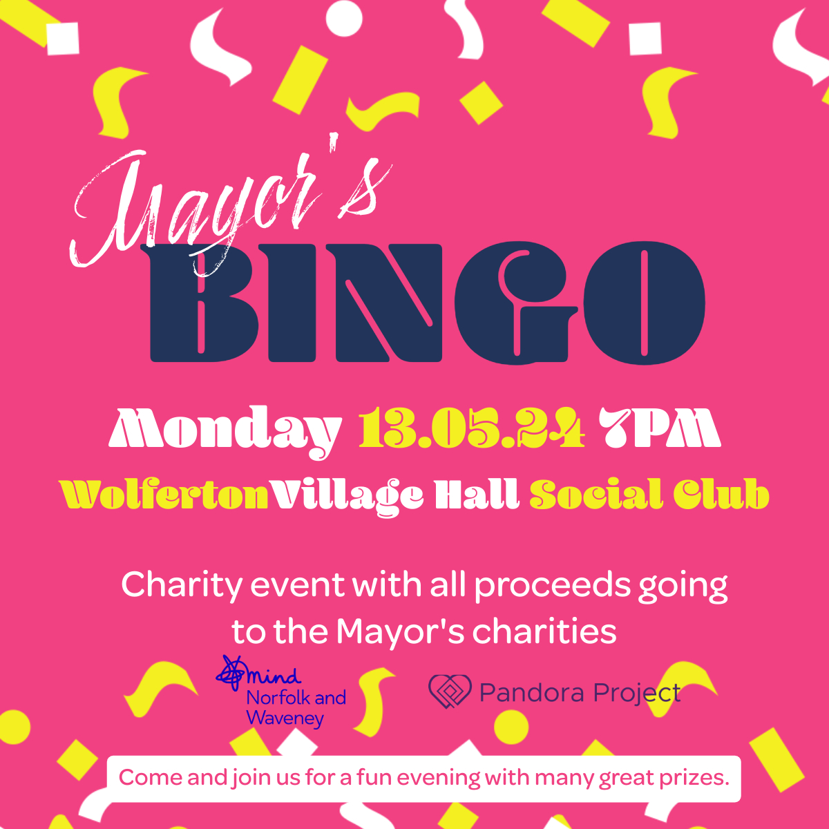 WestNorfolkBC (@westnorfolkbc) on Twitter photo The Mayor is holding a charity bingo in aid of her charities, the @pandoraprojectn and <a href="/NorfolkMind/">Norfolk and Waveney Mind</a>.
Come and join in a fun evening at Wolferton Village Hall Social Club with many great prizes.
Doors open at 6pm and eyes down at 7pm The Mayor is holding a charity bingo in aid of her charities, the @pandoraprojectn and <a href="/NorfolkMind/">Norfolk and Waveney Mind</a>.
Come and join in a fun evening at Wolferton Village Hall Social Club with many great prizes.
Doors open at 6pm and eyes down at 7pm