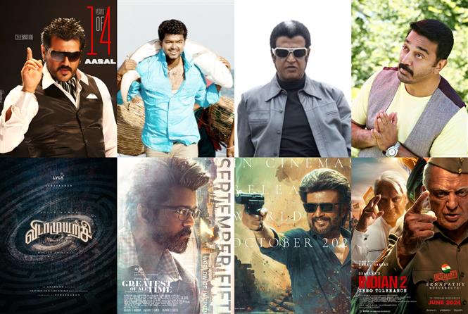 2024 marks the year when Kamal's long-awaited #Indian2 (June 2024), @actorvijay's 2nd last movie before political entry #TheGreatestOfAllTime (Sep 5, 2024), Rajinikanth's #Vettaiyan (Oct 2024) and AK's #VidaaMuyarchi are all set to hit theater screens. 🤩🔥