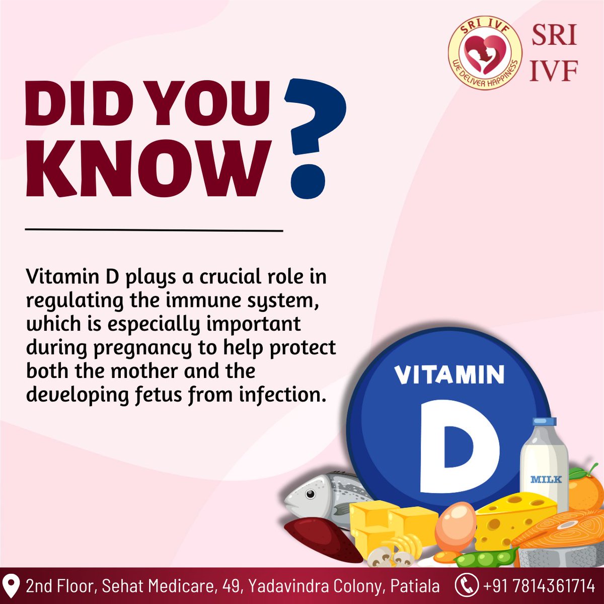 Did you know? Vitamin D is essential for a healthy immune system, crucial during pregnancy to protect both mother and fetus from infections.

#VitaminD #PregnancyHealth #HealthyPregnancy
#PrenatalHealth #HealthyMom #HealthTips #PregnancyHealth #sriivf #patiala #punjab