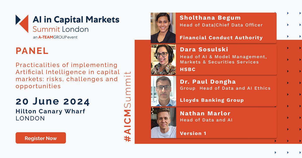 Join us at #AICMSummit on 20 June for this panel discussion on the practicalities of implementing Artificial Intelligence in capital markets; with speakers from @thefca @hsbc @LBGplc & @version1

Register: a-teaminsight.com/events/ai-in-c…

#AICMSummit #AI #capitalmarkets #AIethics