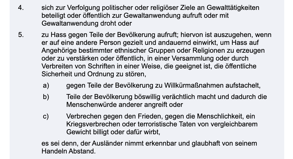 § 54 Aufenthaltsgesetz gibt durchaus Antisemitismus als Ausweisungsinteresse her; Abfeiern vom 7. Oktober ebenfalls. gesetze-im-internet.de/aufenthg_2004/…