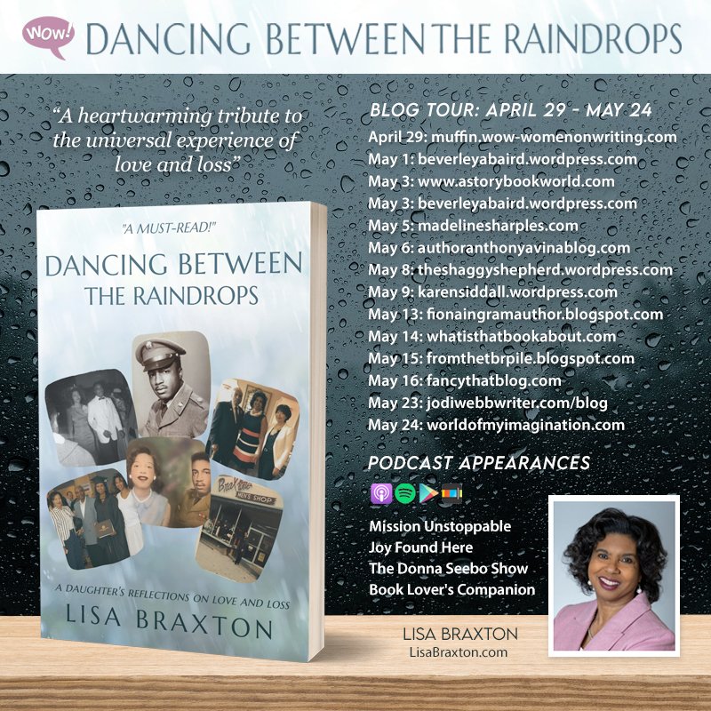 Check out our latest blog tour! Win your copy of Lisa Braxton's memoir Dancing Between the Raindrops: A Daughter's Reflection on Love and Loss. muffin.wow-womenonwriting.com/2024/04/dancin… #dancingbetweentheraindrops #Giveaways