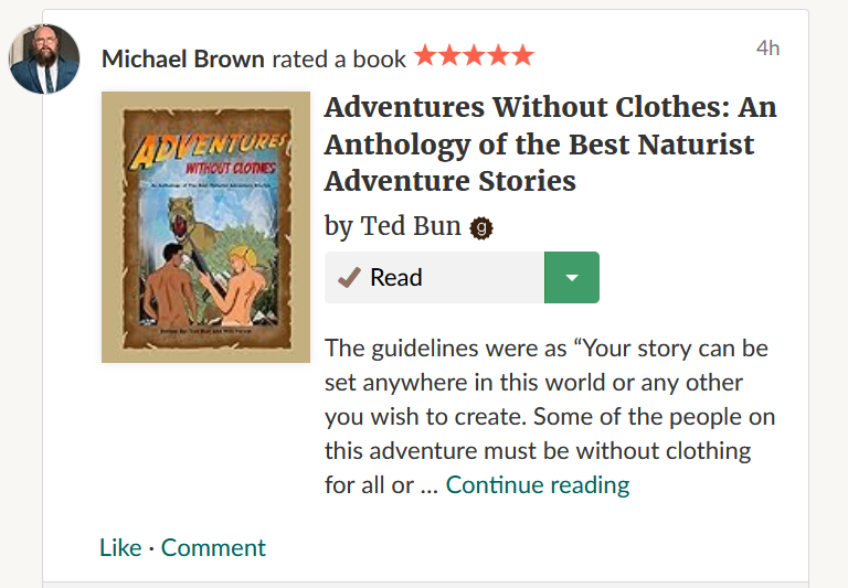 Hi Team Adventures Without Clothes! We just scored another 5-star rating over on #Goodreads Amazon mybook.to/AWClothes or Other stores books2read.com/u/m2Q5WG
