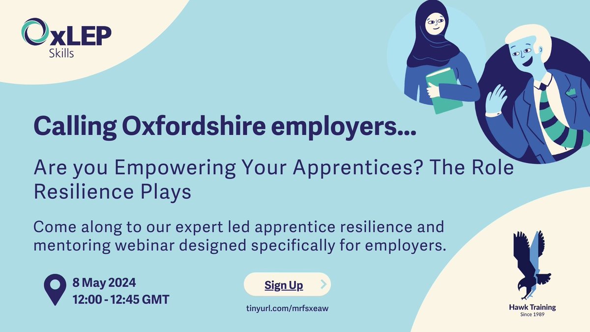 ⏰ Just 9 days left until our exciting new Apprentice Resilience and Mentoring webinar with @Hawk_Training! We've got some great insights to share to help you deliver on your apprenticeship promise. Don't miss out, book today! 📅 8th May, 12:00-12:45 🎟 eventbrite.co.uk/e/resilience-i…